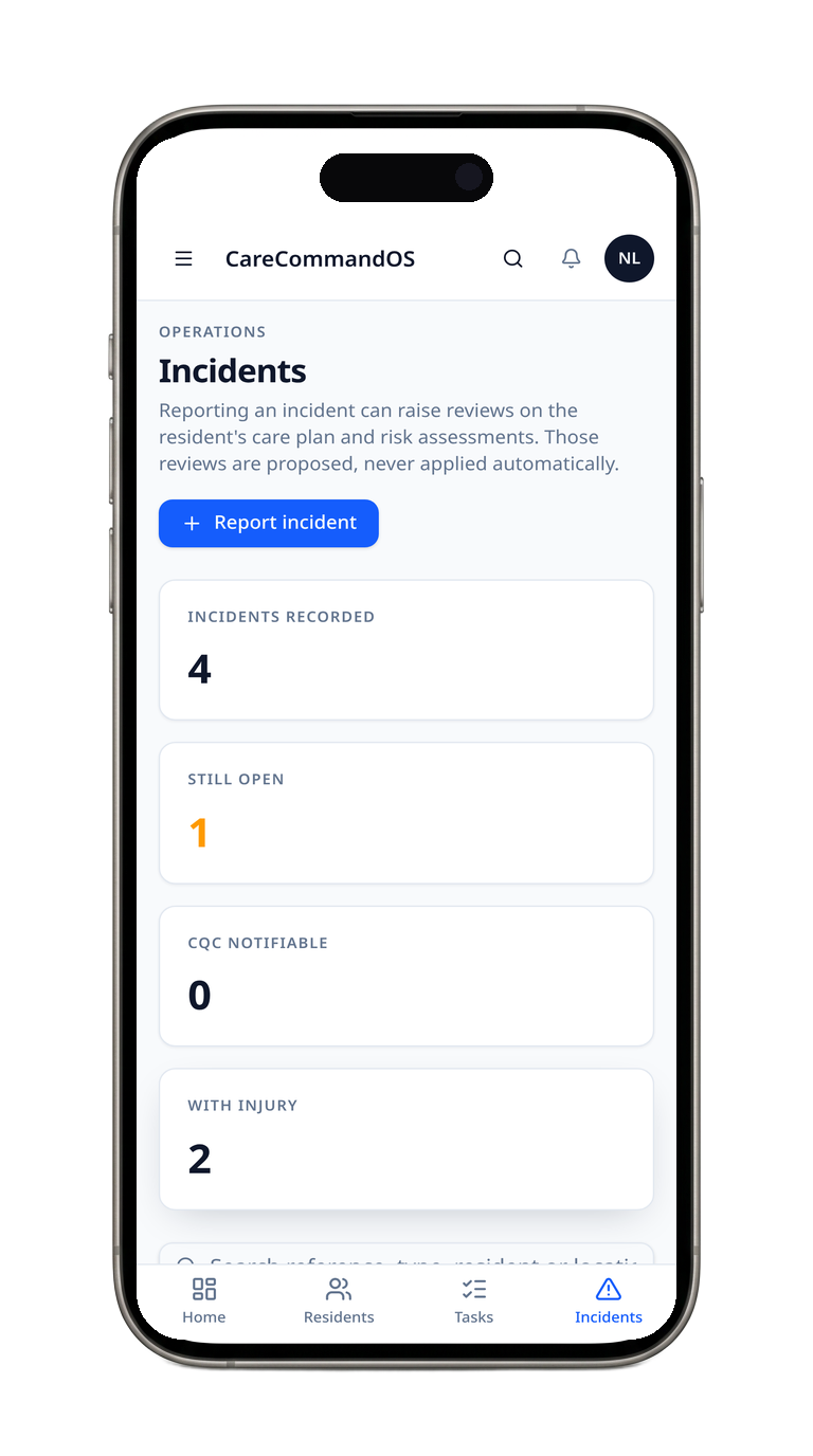CareCommandOS incidents screen on a phone showing incident figures (example data)